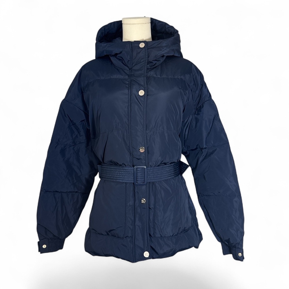Orolay Womens Down Coat Navy Blue Belted Hooded Puffer Jacket Large NWT